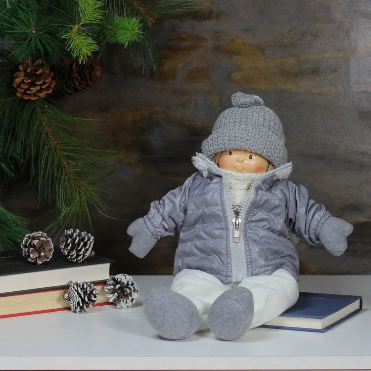 16" Gray and White Cheerful Sitting Girl Christmas Tabletop Decoration