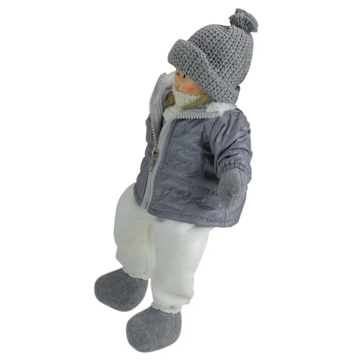 16" Gray and White Cheerful Sitting Girl Christmas Tabletop Decoration