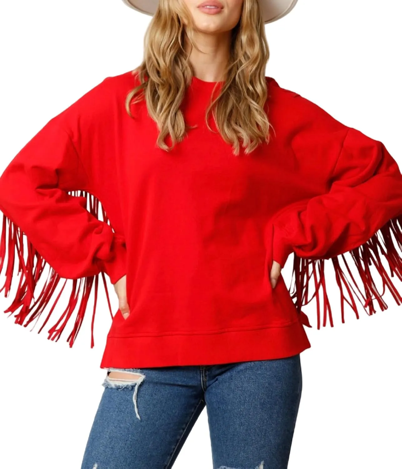 Adoeren Women Oversized Tassel Sweatshirt Fringe Trim Long Sleeve Crewneck Pullover Fall Fashion Drop Shoulder Shirt Top