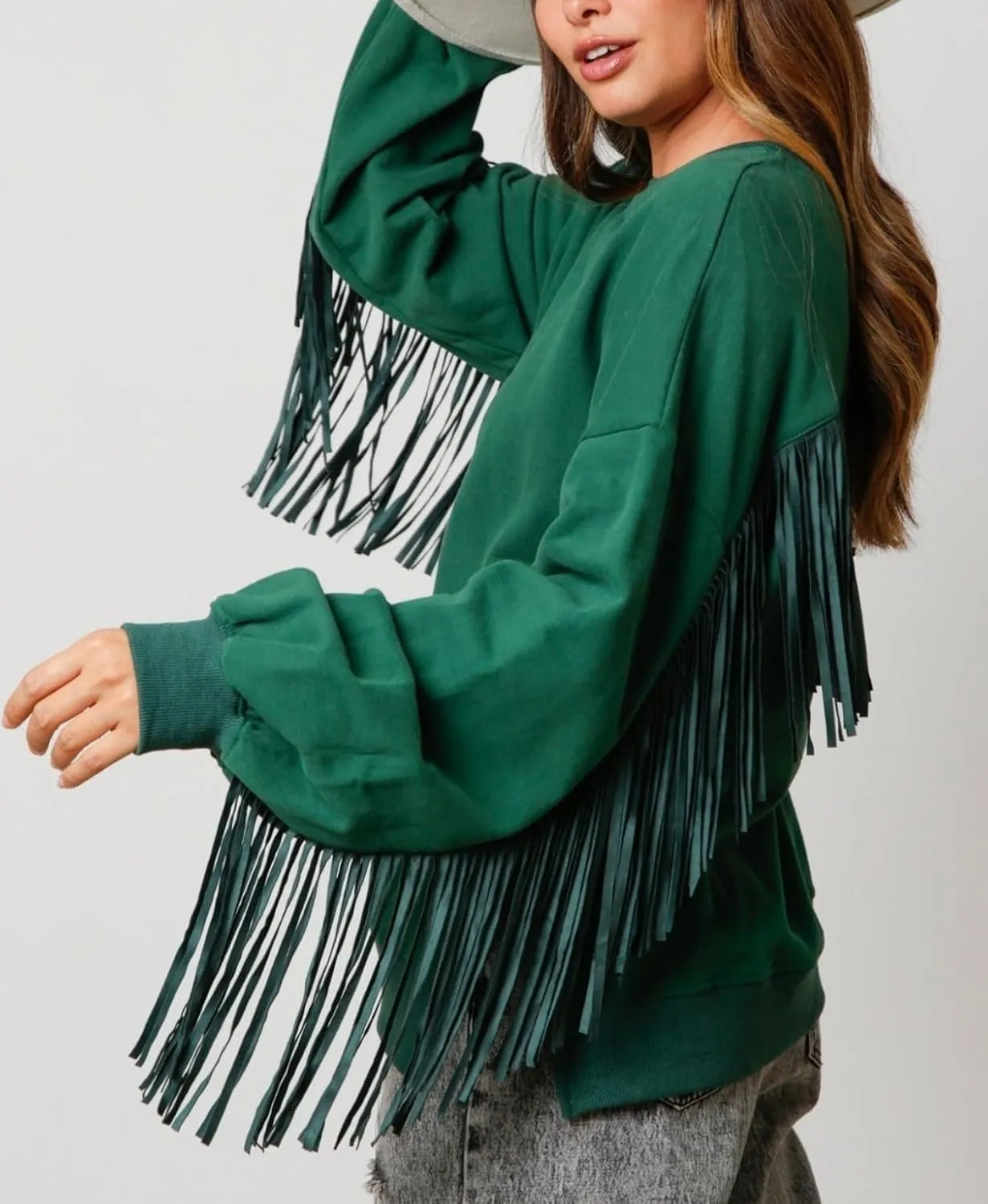 Adoeren Women Oversized Tassel Sweatshirt Fringe Trim Long Sleeve Crewneck Pullover Fall Fashion Drop Shoulder Shirt Top