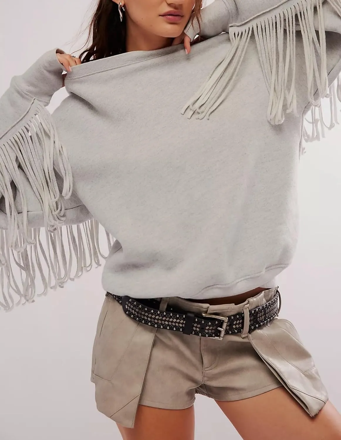 Adoeren Women Oversized Tassel Sweatshirt Fringe Trim Long Sleeve Crewneck Pullover Fall Fashion Drop Shoulder Shirt Top
