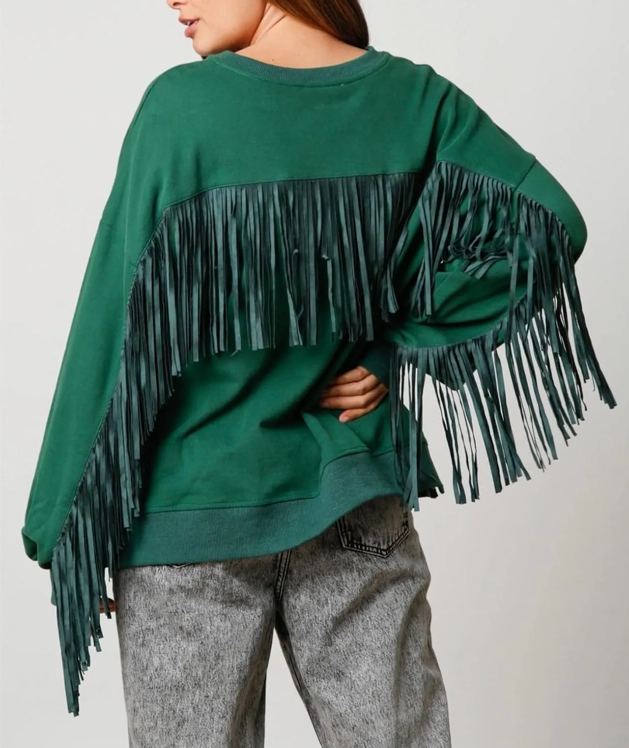 Adoeren Women Oversized Tassel Sweatshirt Fringe Trim Long Sleeve Crewneck Pullover Fall Fashion Drop Shoulder Shirt Top