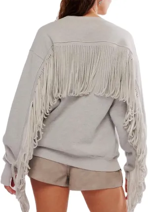 Adoeren Women Oversized Tassel Sweatshirt Fringe Trim Long Sleeve Crewneck Pullover Fall Fashion Drop Shoulder Shirt Top