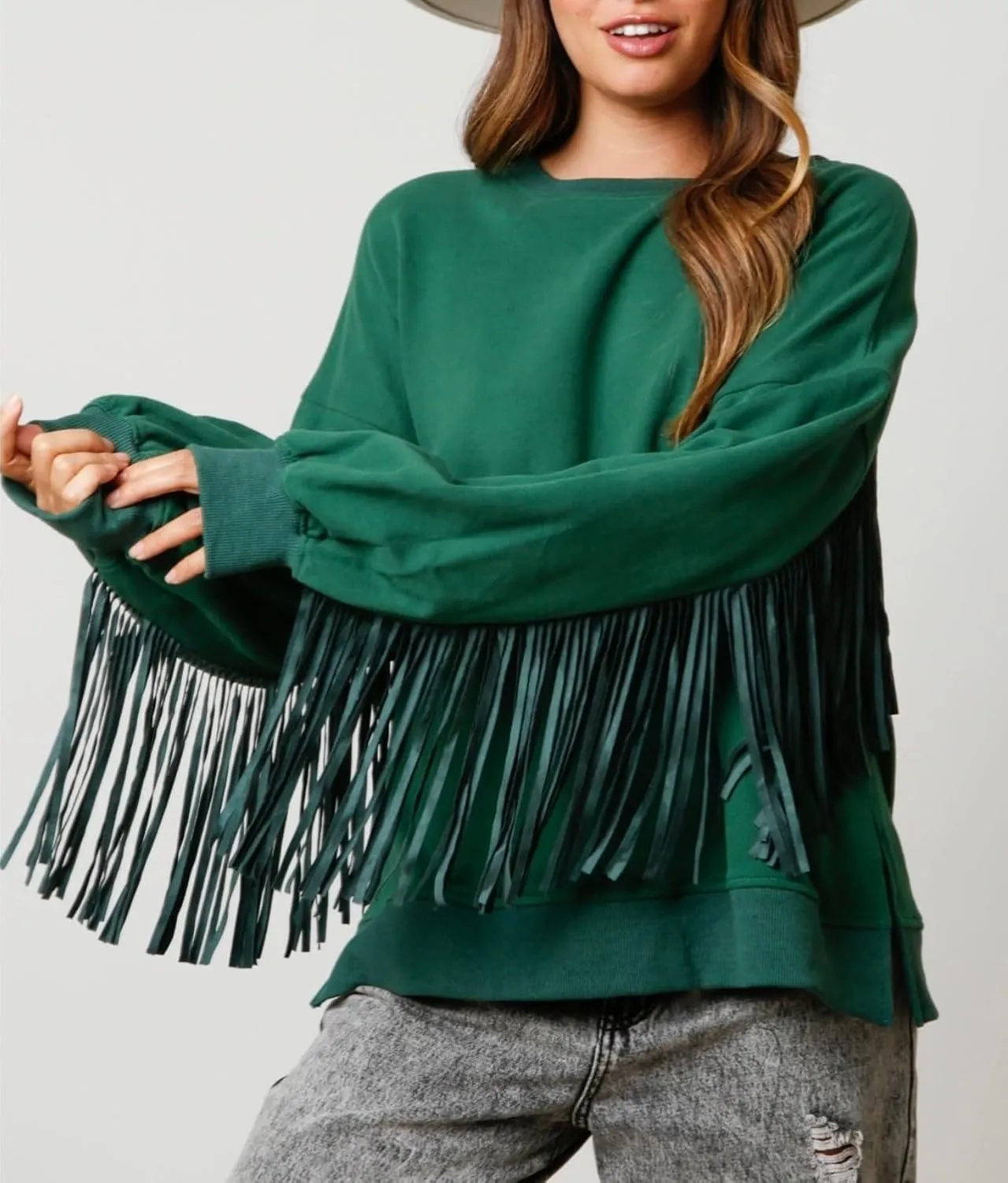 Adoeren Women Oversized Tassel Sweatshirt Fringe Trim Long Sleeve Crewneck Pullover Fall Fashion Drop Shoulder Shirt Top