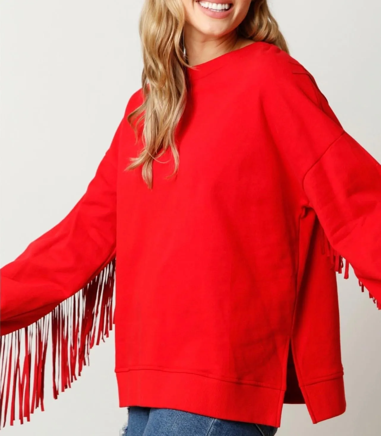 Adoeren Women Oversized Tassel Sweatshirt Fringe Trim Long Sleeve Crewneck Pullover Fall Fashion Drop Shoulder Shirt Top