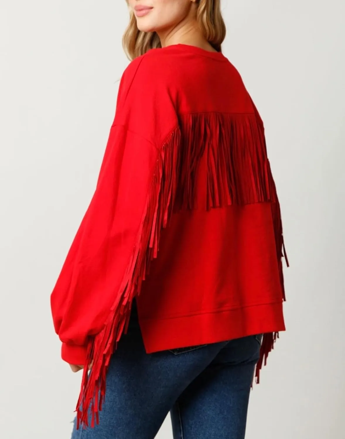 Adoeren Women Oversized Tassel Sweatshirt Fringe Trim Long Sleeve Crewneck Pullover Fall Fashion Drop Shoulder Shirt Top