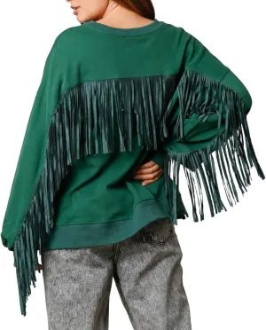 Adoeren Women Oversized Tassel Sweatshirt Fringe Trim Long Sleeve Crewneck Pullover Fall Fashion Drop Shoulder Shirt Top