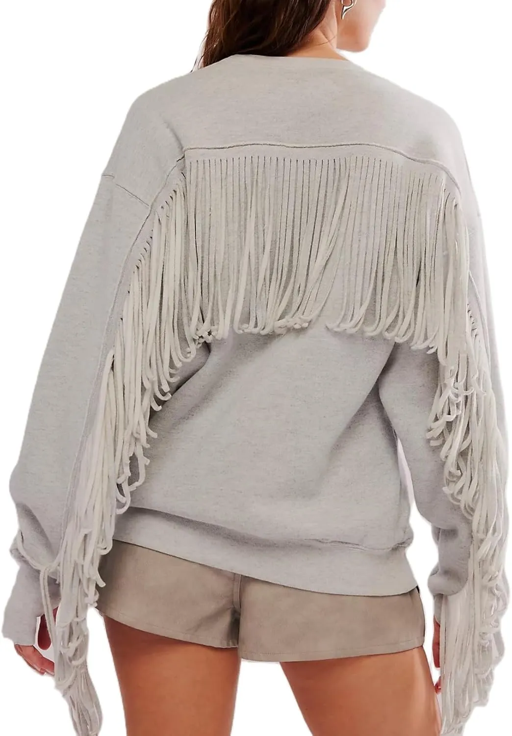Adoeren Women Oversized Tassel Sweatshirt Fringe Trim Long Sleeve Crewneck Pullover Fall Fashion Drop Shoulder Shirt Top