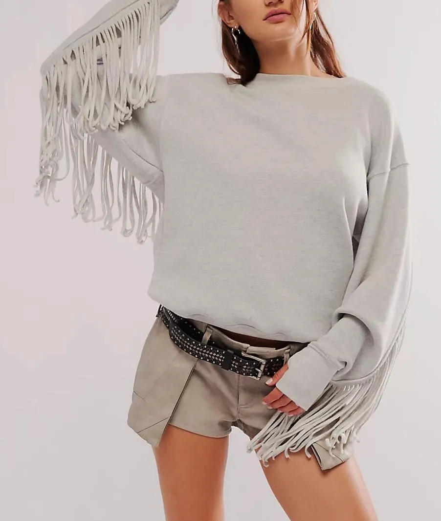 Adoeren Women Oversized Tassel Sweatshirt Fringe Trim Long Sleeve Crewneck Pullover Fall Fashion Drop Shoulder Shirt Top