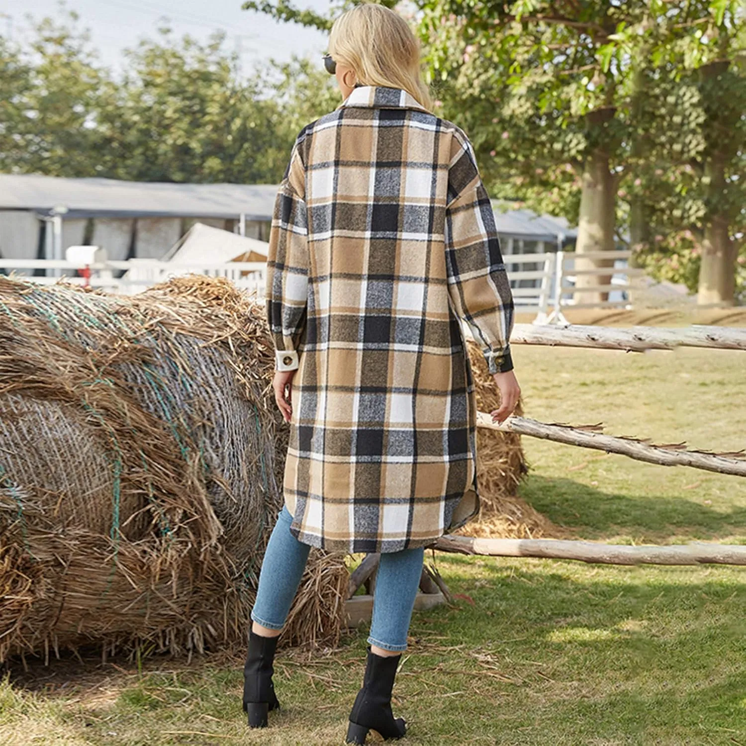 Ainangua Women's Casual Wool Blend Long Plaid Shirt Jacket Button Down Pocketed Shirt Shacket