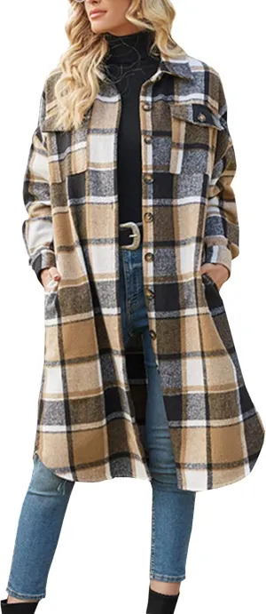 Ainangua Women's Casual Wool Blend Long Plaid Shirt Jacket Button Down Pocketed Shirt Shacket