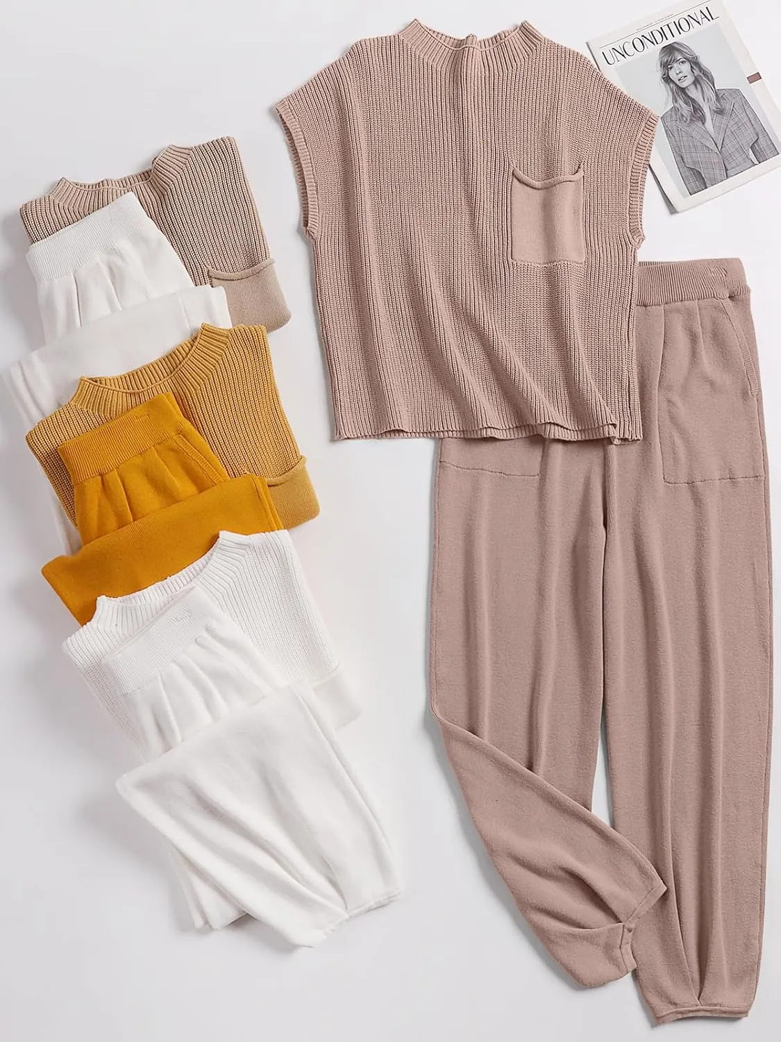 ANRABESS Women's Two Piece Outfits Knit Sweater Vest Crop Top Pants Lounge Matching Tracksuit Sweatsuit Travel Clothes Sets