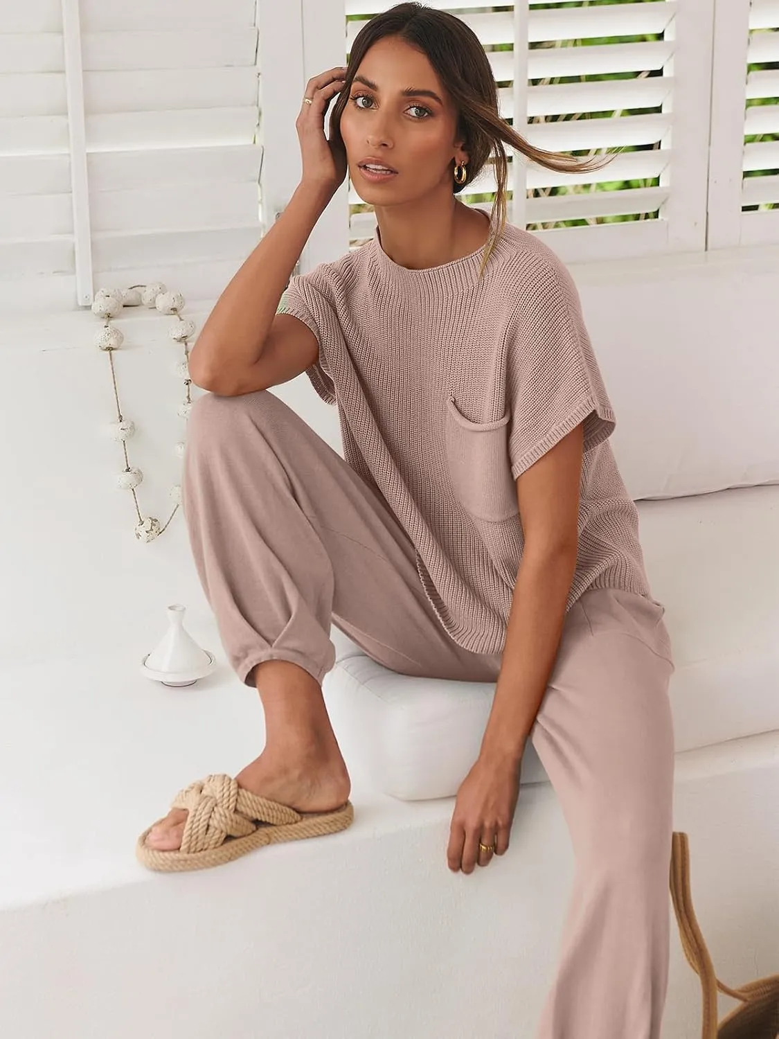 ANRABESS Women's Two Piece Outfits Knit Sweater Vest Crop Top Pants Lounge Matching Tracksuit Sweatsuit Travel Clothes Sets