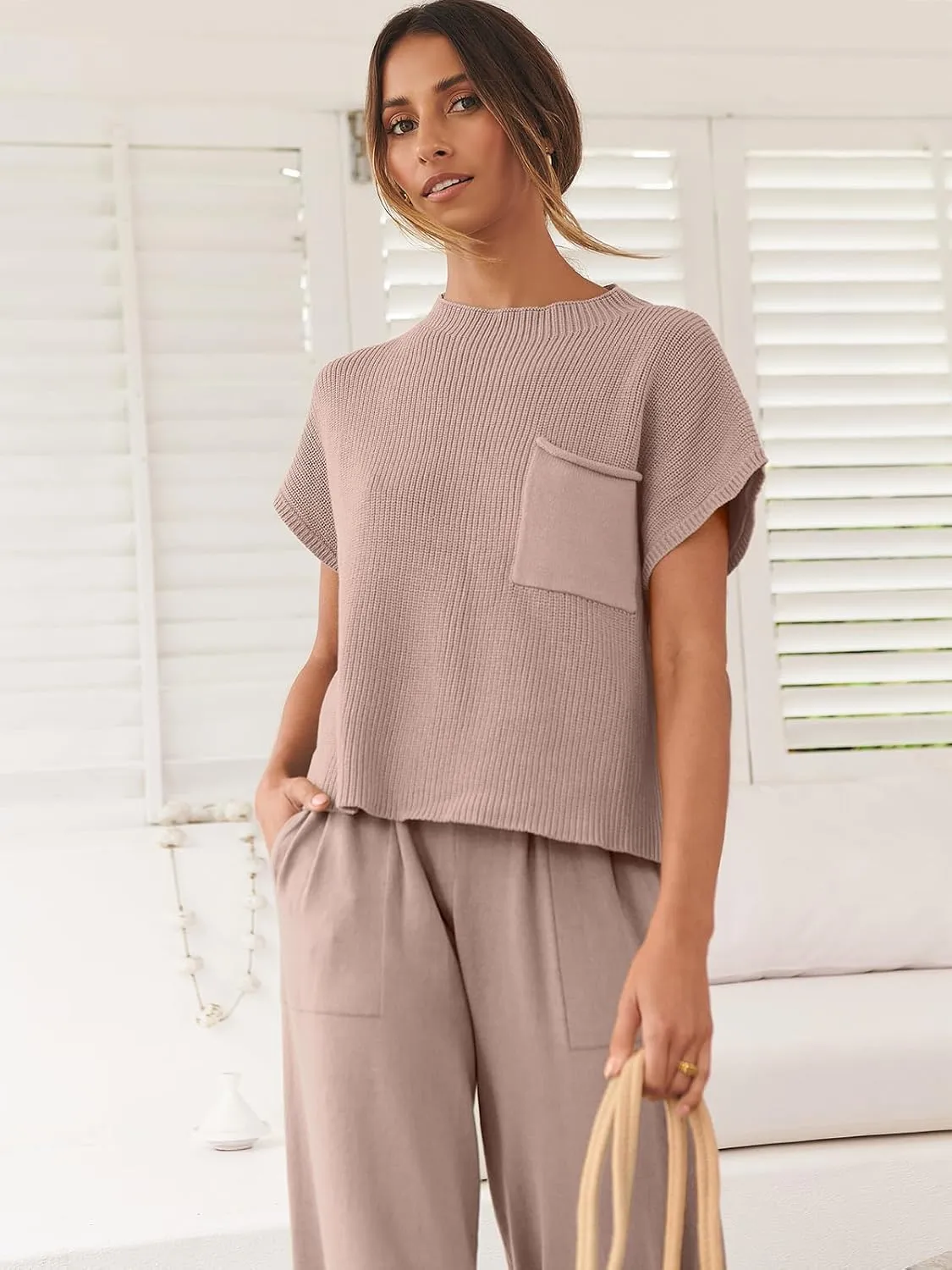 ANRABESS Women's Two Piece Outfits Knit Sweater Vest Crop Top Pants Lounge Matching Tracksuit Sweatsuit Travel Clothes Sets