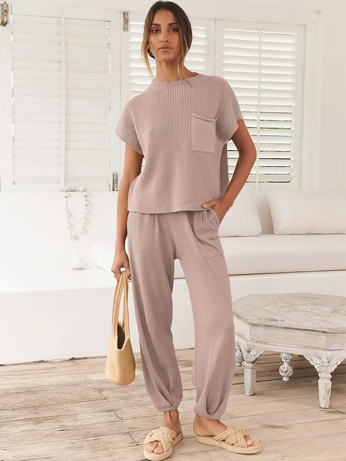 ANRABESS Women's Two Piece Outfits Knit Sweater Vest Crop Top Pants Lounge Matching Tracksuit Sweatsuit Travel Clothes Sets