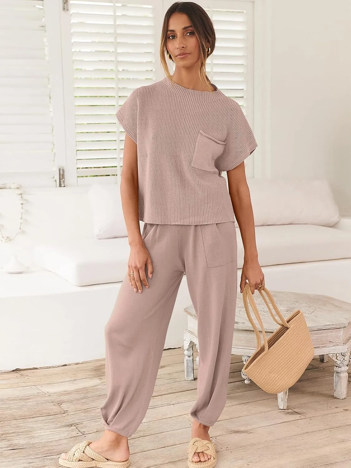 ANRABESS Women's Two Piece Outfits Knit Sweater Vest Crop Top Pants Lounge Matching Tracksuit Sweatsuit Travel Clothes Sets