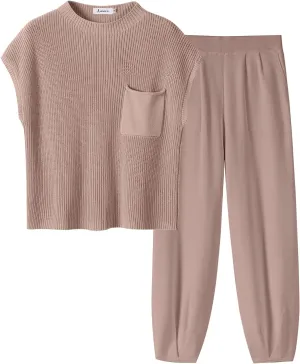 ANRABESS Women's Two Piece Outfits Knit Sweater Vest Crop Top Pants Lounge Matching Tracksuit Sweatsuit Travel Clothes Sets