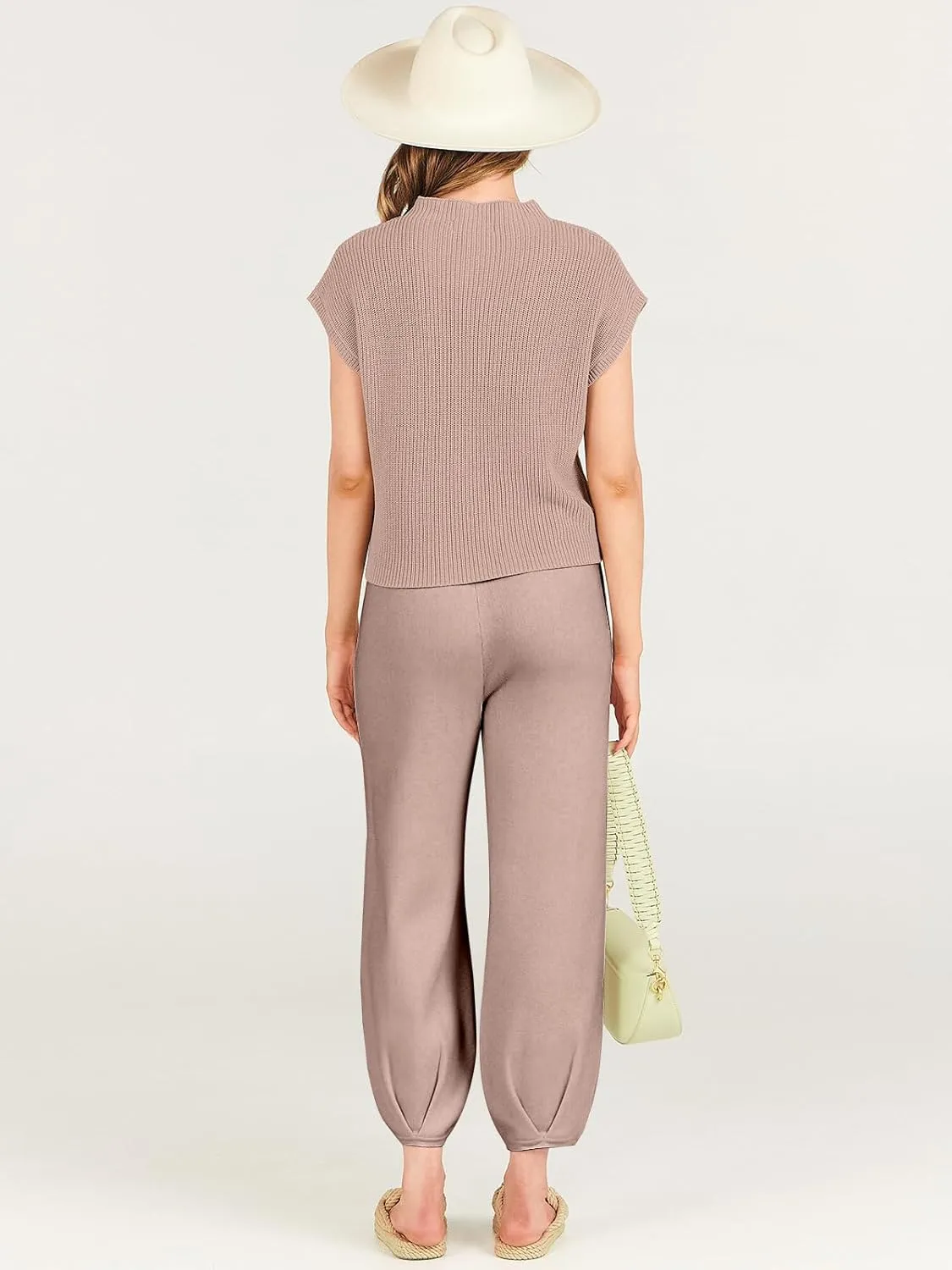 ANRABESS Women's Two Piece Outfits Knit Sweater Vest Crop Top Pants Lounge Matching Tracksuit Sweatsuit Travel Clothes Sets