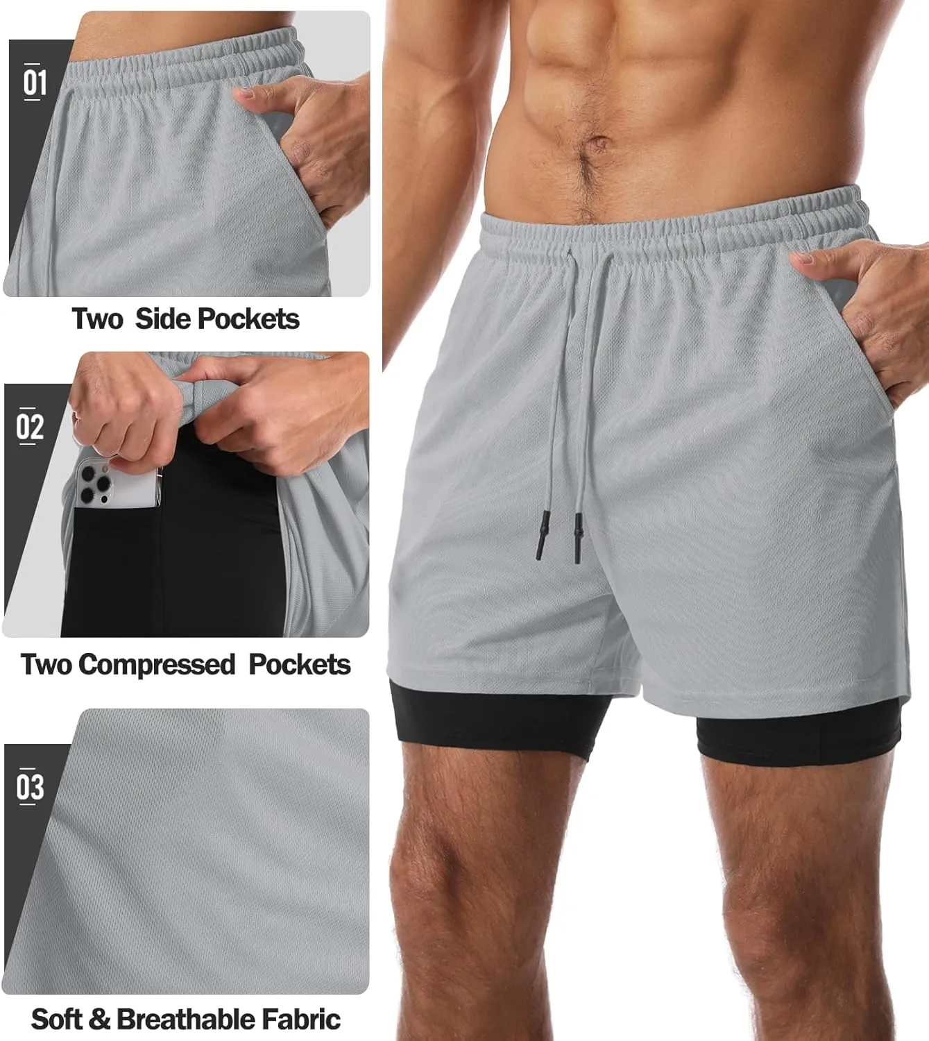 Aolesy Men's 2 in 1 Running Shorts Quick Dry Gym Shorts 5" Athletic Shorts Workout Shorts with Pockets