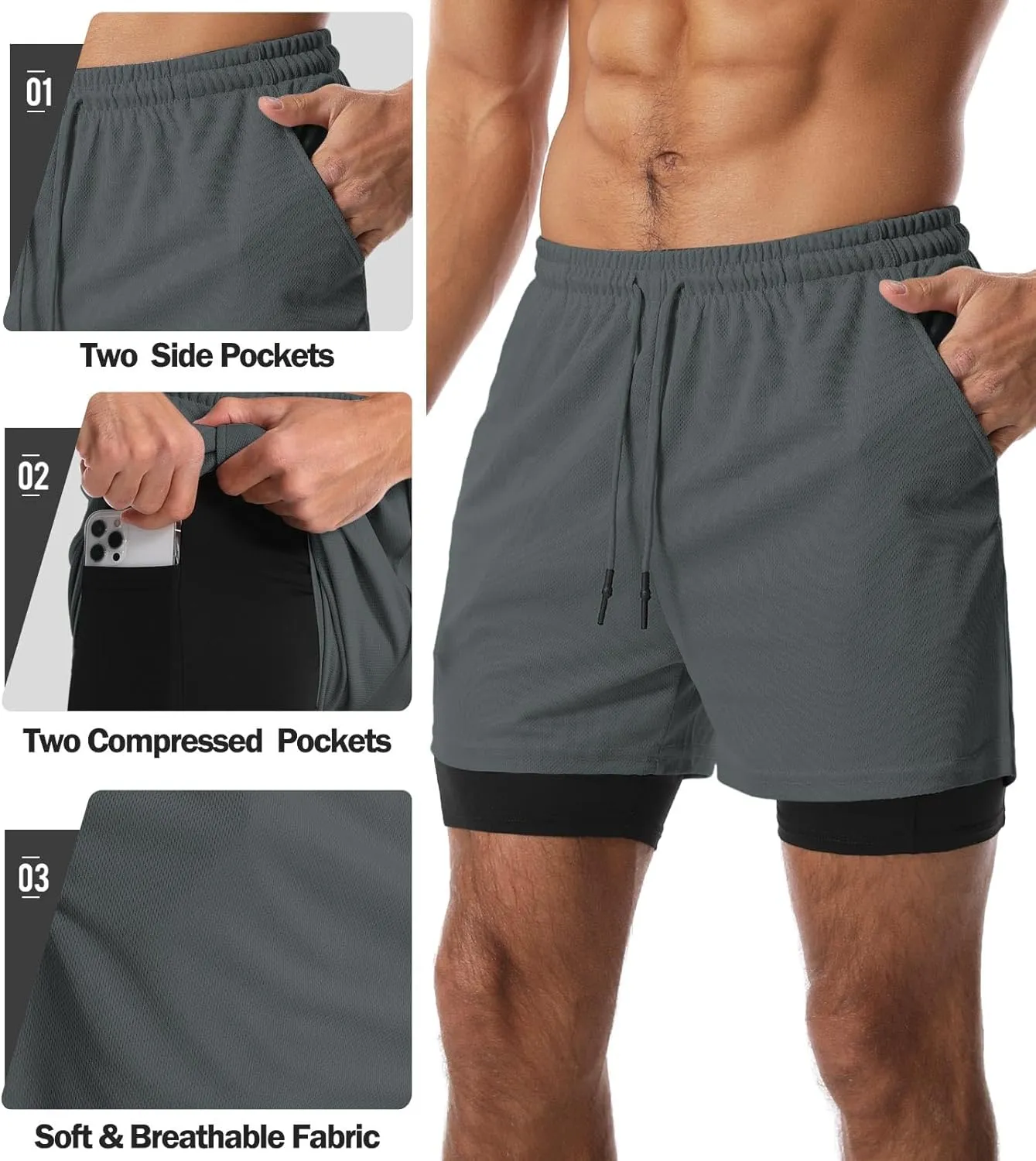Aolesy Men's 2 in 1 Running Shorts Quick Dry Gym Shorts 5" Athletic Shorts Workout Shorts with Pockets