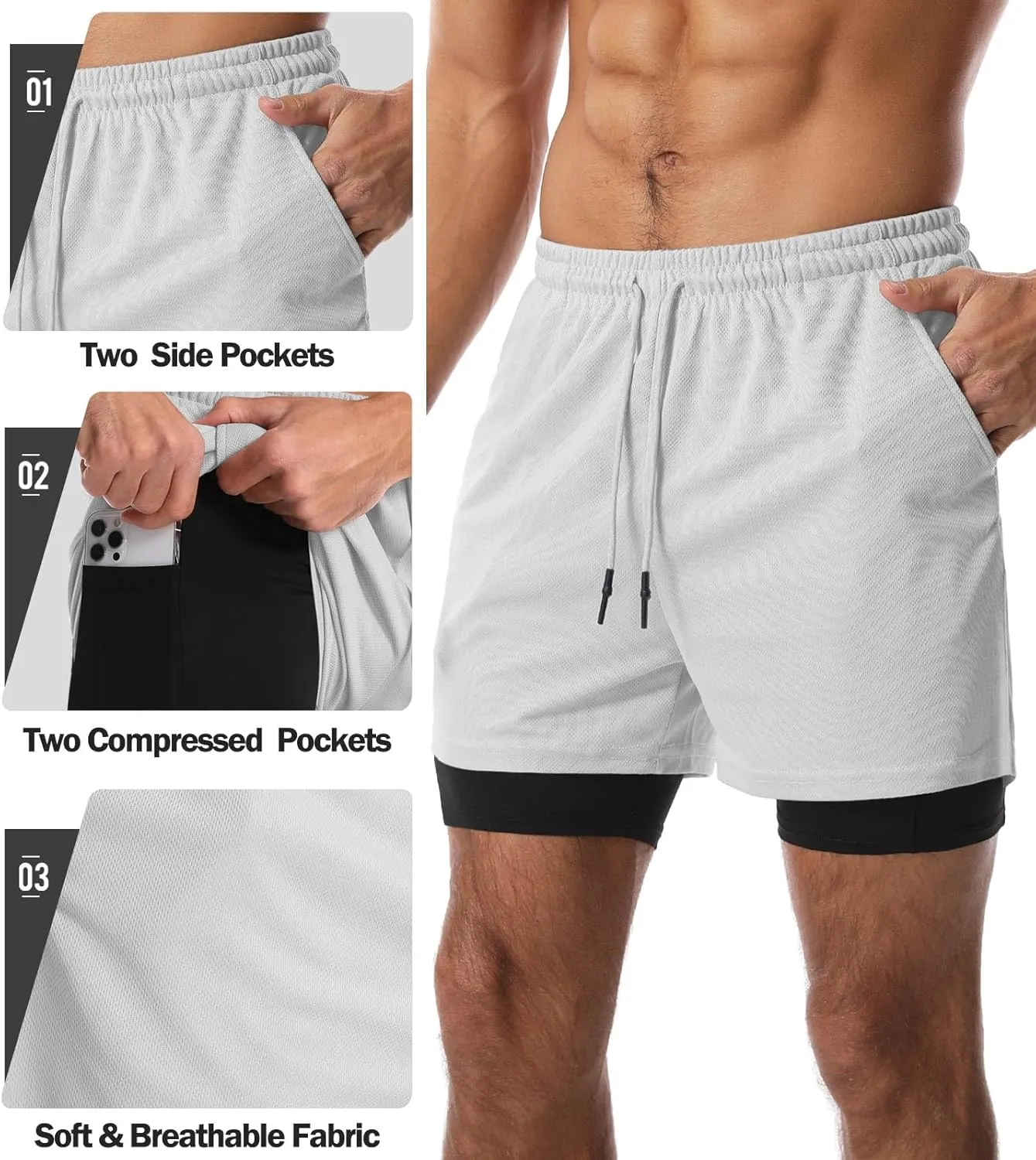 Aolesy Men's 2 in 1 Running Shorts Quick Dry Gym Shorts 5" Athletic Shorts Workout Shorts with Pockets