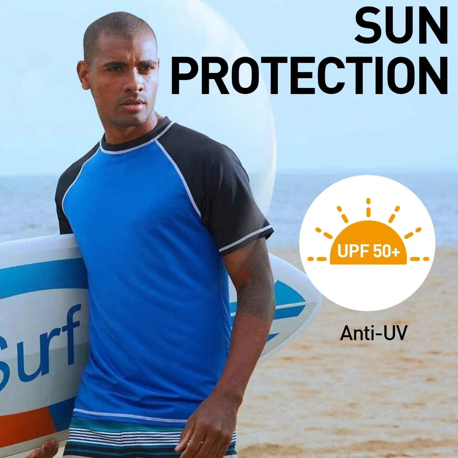 Arcweg Rashguard Men Swim Short Sleeves Diving UV Protection UPF 50  Elastic Rash Vest Loose Fit Top Swimming Quick Drying
