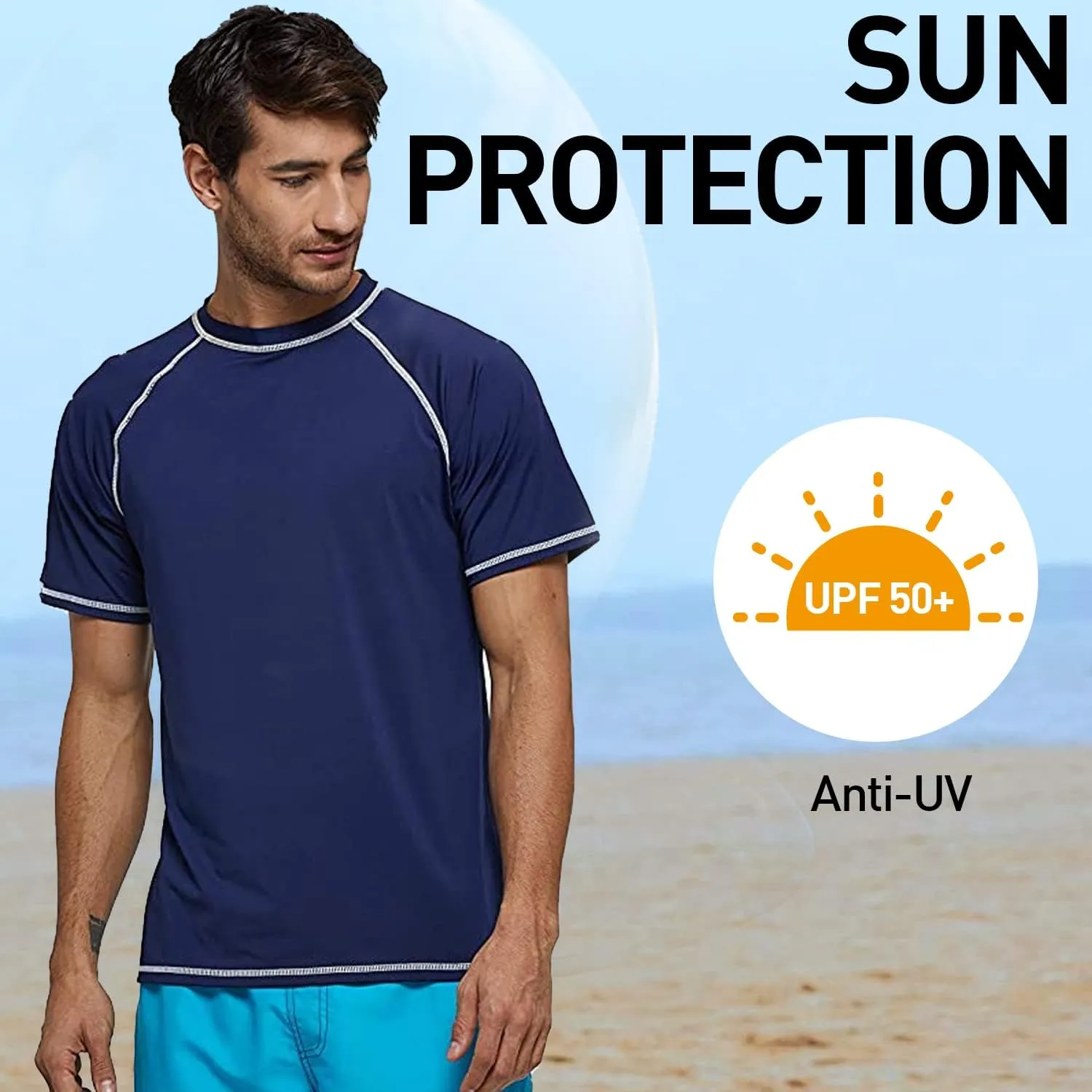 Arcweg Rashguard Men Swim Short Sleeves Diving UV Protection UPF 50  Elastic Rash Vest Loose Fit Top Swimming Quick Drying