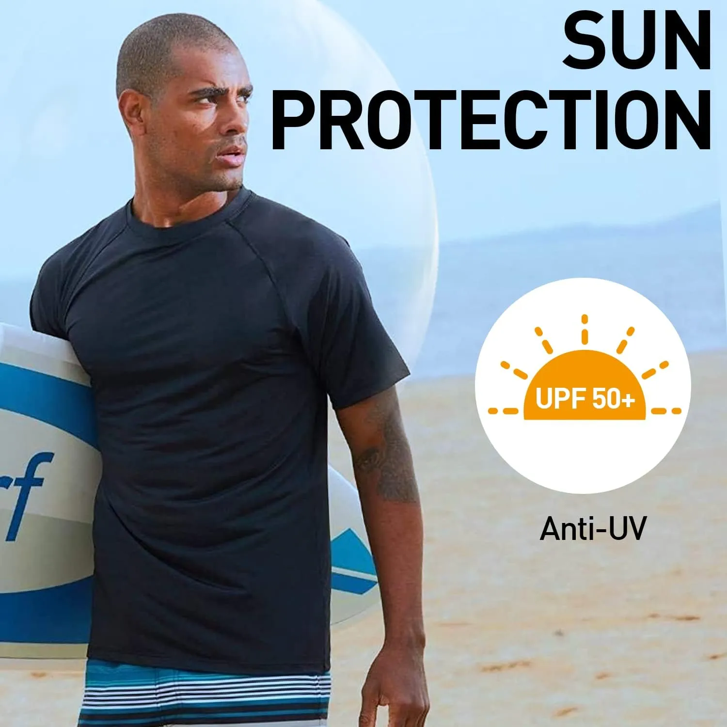 Arcweg Rashguard Men Swim Short Sleeves Diving UV Protection UPF 50  Elastic Rash Vest Loose Fit Top Swimming Quick Drying