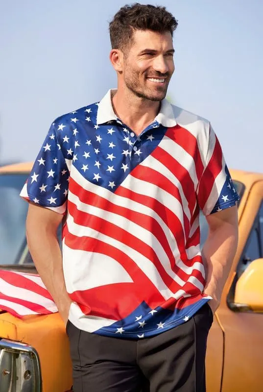 Arvilhill Men's American Flag Polo Shirt 4th of July Short Sleeve Golf Shirt