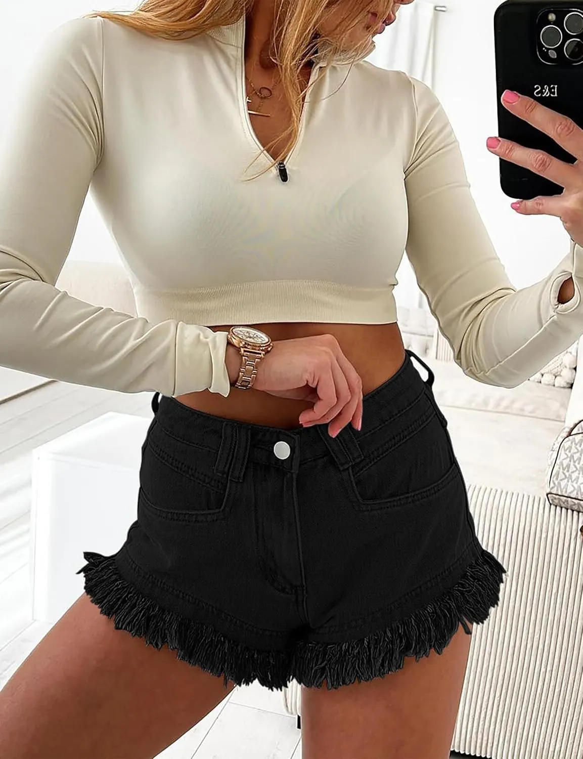BISUAL Denim Shorts Women High Waisted Jean Shorts Stretch Hem Raw Edge Womens Denim Shorts Casual Jean Shorts for Summer