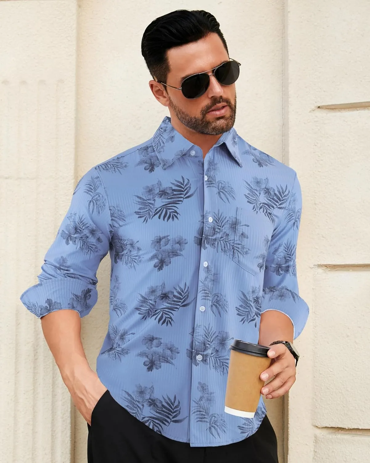 BOJIN Men's Dress Wrinkle-Free Stretch Long Sleeve Wedding Dating Business Casual Button Down Shirts with Pocket