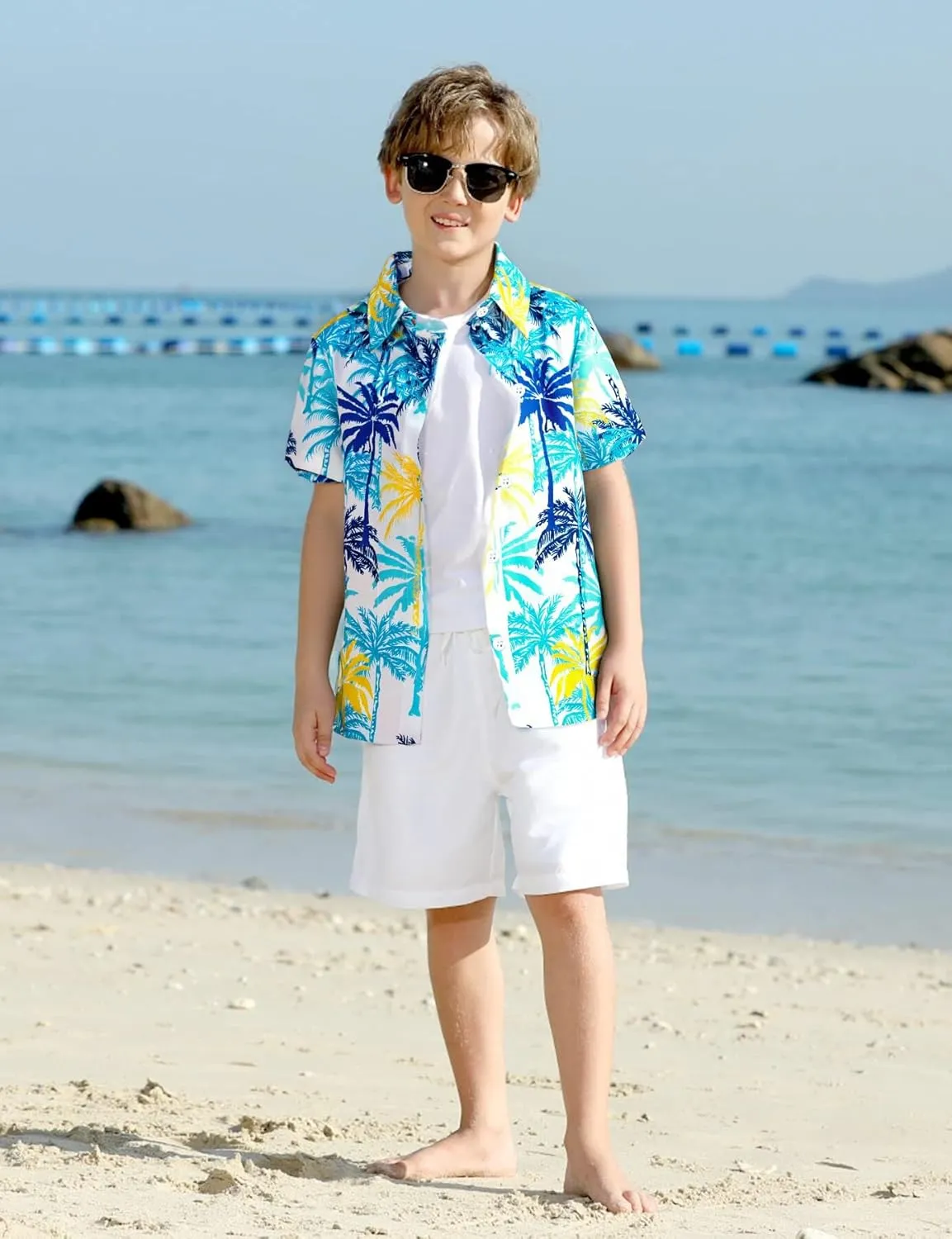 Boys Hawaiian Shirt Short Sleeve Boys Button Down Shirt Beach Casual Summer Print Top T-Shirt for Kids 5-14 Years