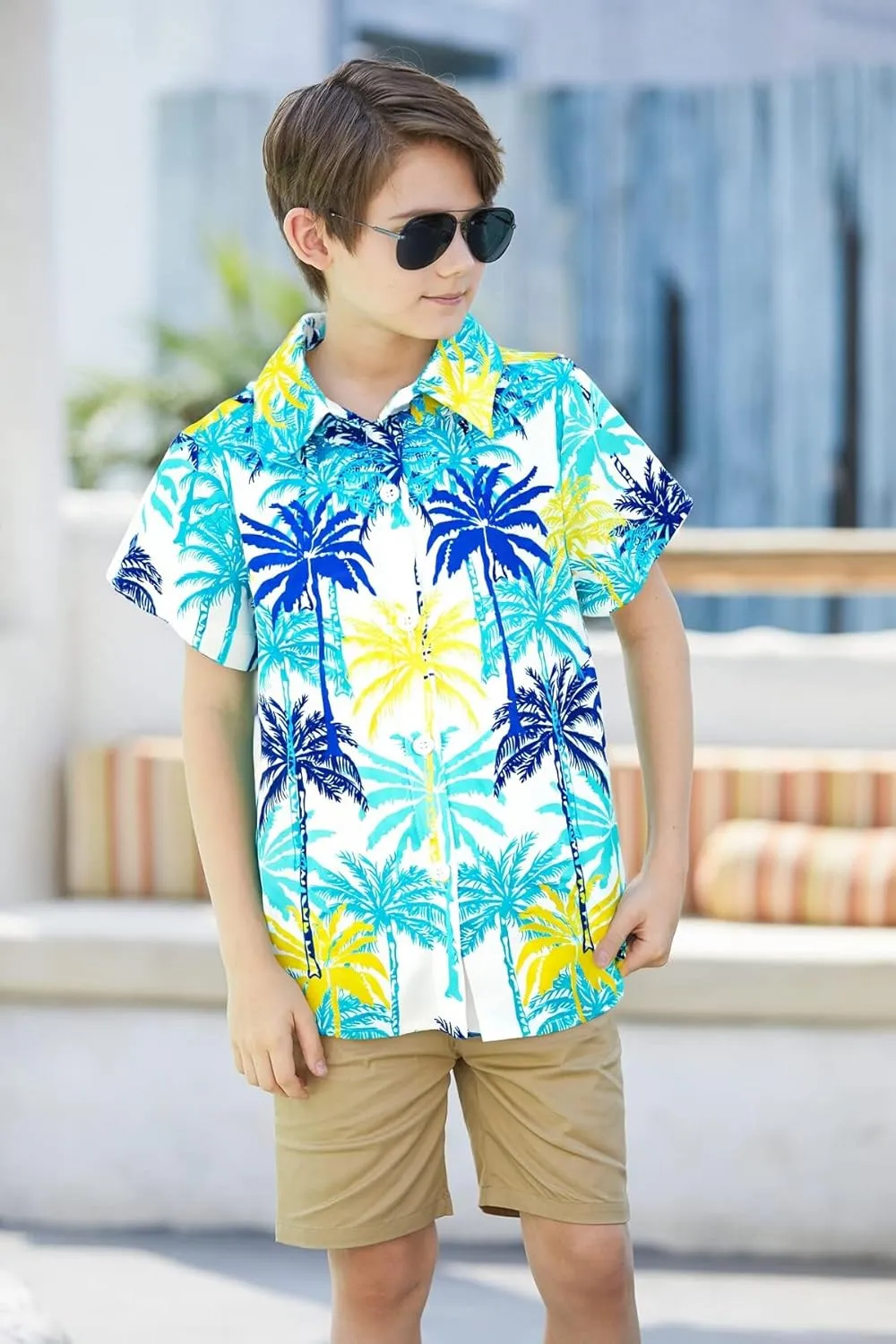 Boys Hawaiian Shirt Short Sleeve Boys Button Down Shirt Beach Casual Summer Print Top T-Shirt for Kids 5-14 Years