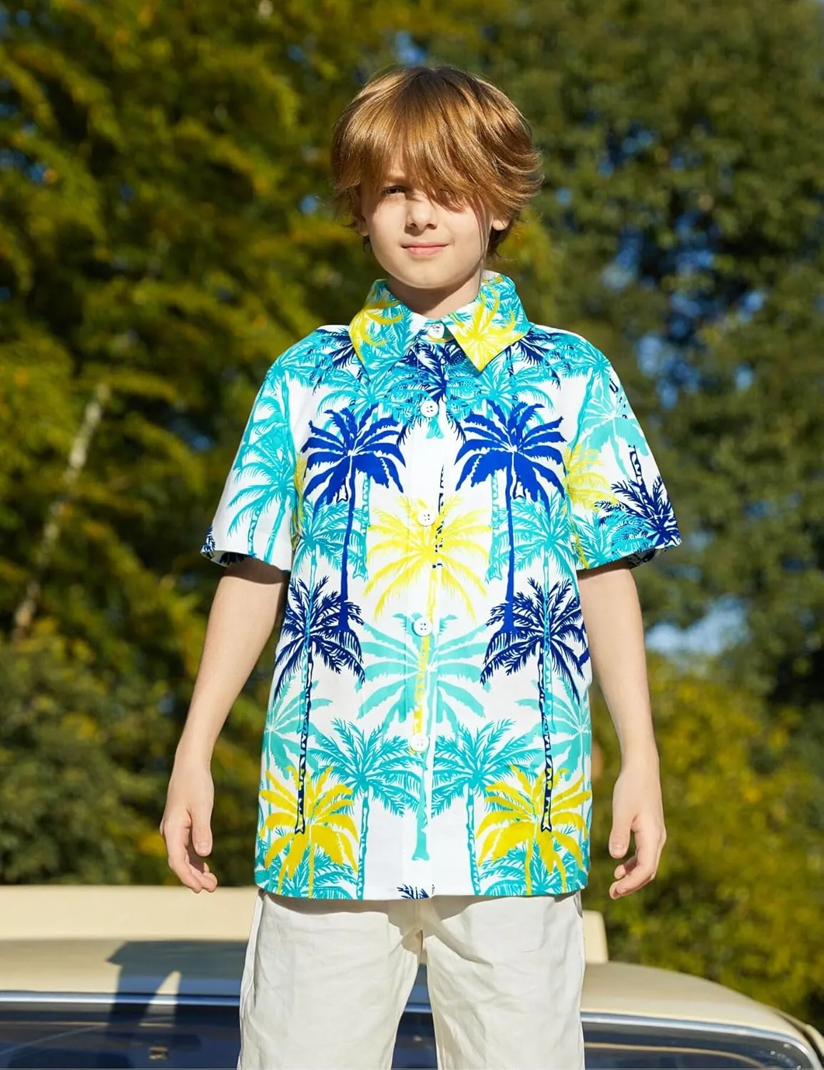 Boys Hawaiian Shirt Short Sleeve Boys Button Down Shirt Beach Casual Summer Print Top T-Shirt for Kids 5-14 Years