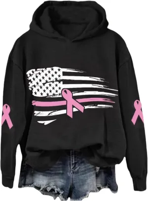 Breast Cancer Awareness Hoodies Women Pink Ribbon American Flag Sweatshirt Casual Long Sleeve Pullover Tops with Hood