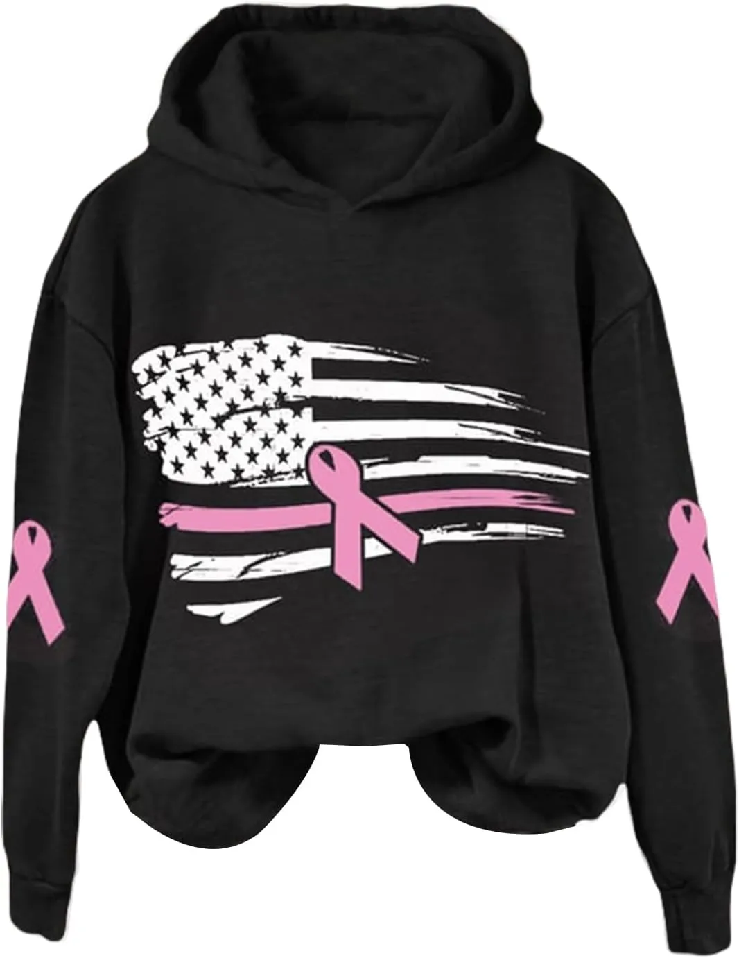 Breast Cancer Awareness Hoodies Women Pink Ribbon American Flag Sweatshirt Casual Long Sleeve Pullover Tops with Hood