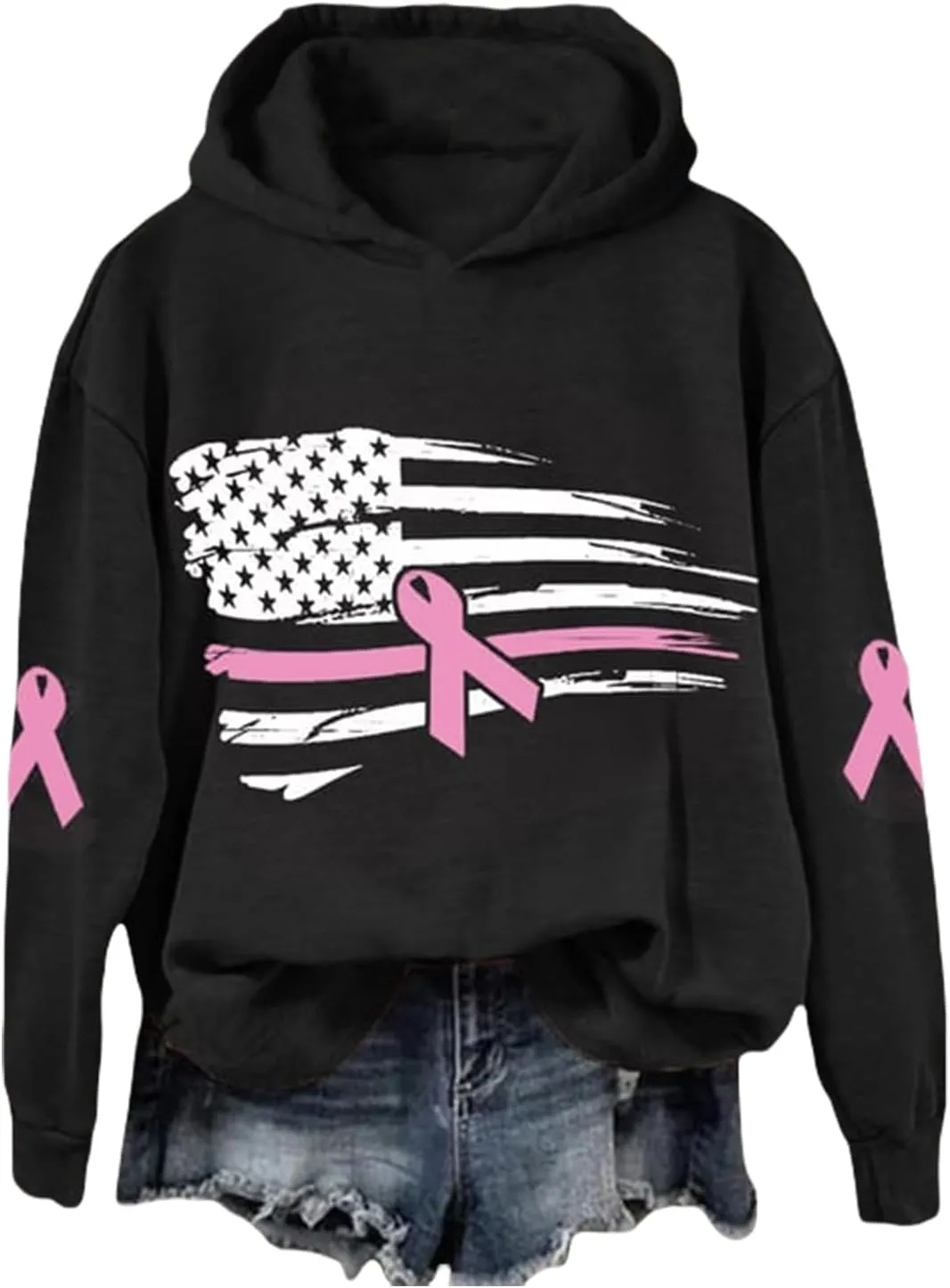 Breast Cancer Awareness Hoodies Women Pink Ribbon American Flag Sweatshirt Casual Long Sleeve Pullover Tops with Hood