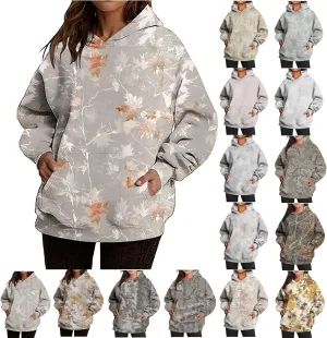 Camo Hoodie Womens Maple Leaf Print Oversized Sweatshirts Casual Pullover Shirts Long Sleeve Tops with Pockets