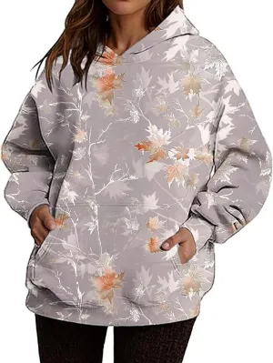 Camo Hoodie Womens Maple Leaf Print Oversized Sweatshirts Casual Pullover Shirts Long Sleeve Tops with Pockets