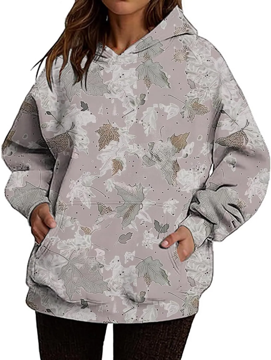 Camo Hoodie Womens Maple Leaf Print Oversized Sweatshirts Casual Pullover Shirts Long Sleeve Tops with Pockets