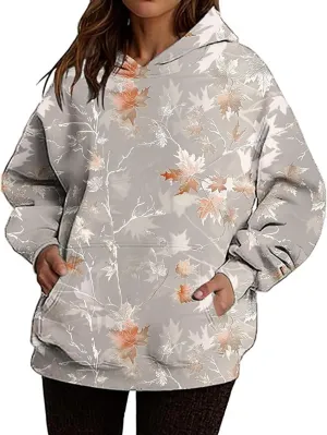Camo Hoodie Womens Maple Leaf Print Oversized Sweatshirts Casual Pullover Shirts Long Sleeve Tops with Pockets