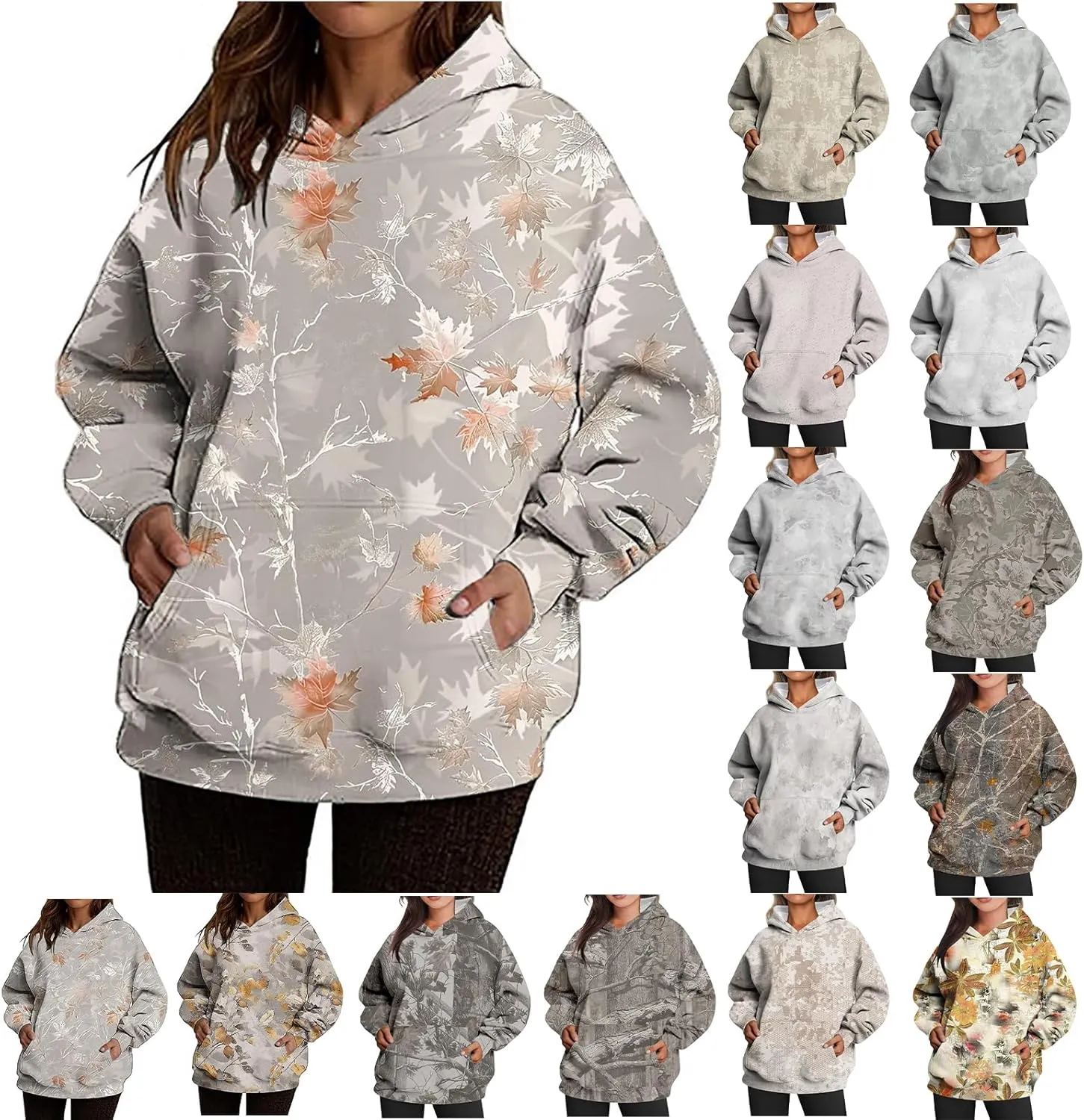 Camo Hoodie Womens Maple Leaf Print Oversized Sweatshirts Casual Pullover Shirts Long Sleeve Tops with Pockets