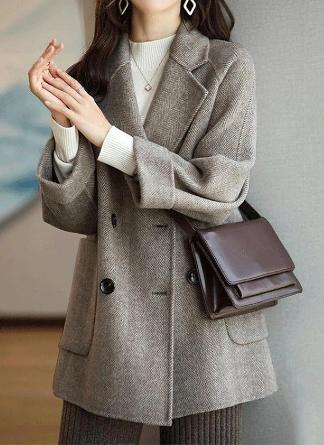 CHARTOU Women Wool Coat Peacoat Jacket Thick Loose Double Breasted Pea Coat Woolen Winter Overcoat