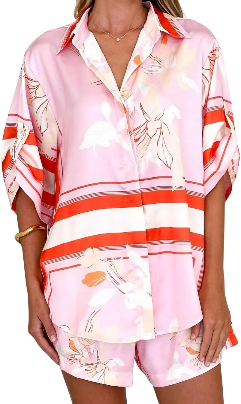 chouyatou Women's Summer Floral 2 Piece Outfits Button Down Shirt Wide Leg Shorts Boho Vacation Matching Set