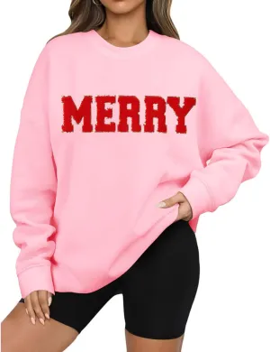 Christmas Sweatshirts for Women 2024 Oversized Merry Sweatshirt Long Sleeve Crewneck Sweatshirt Pullover Xmas Tops