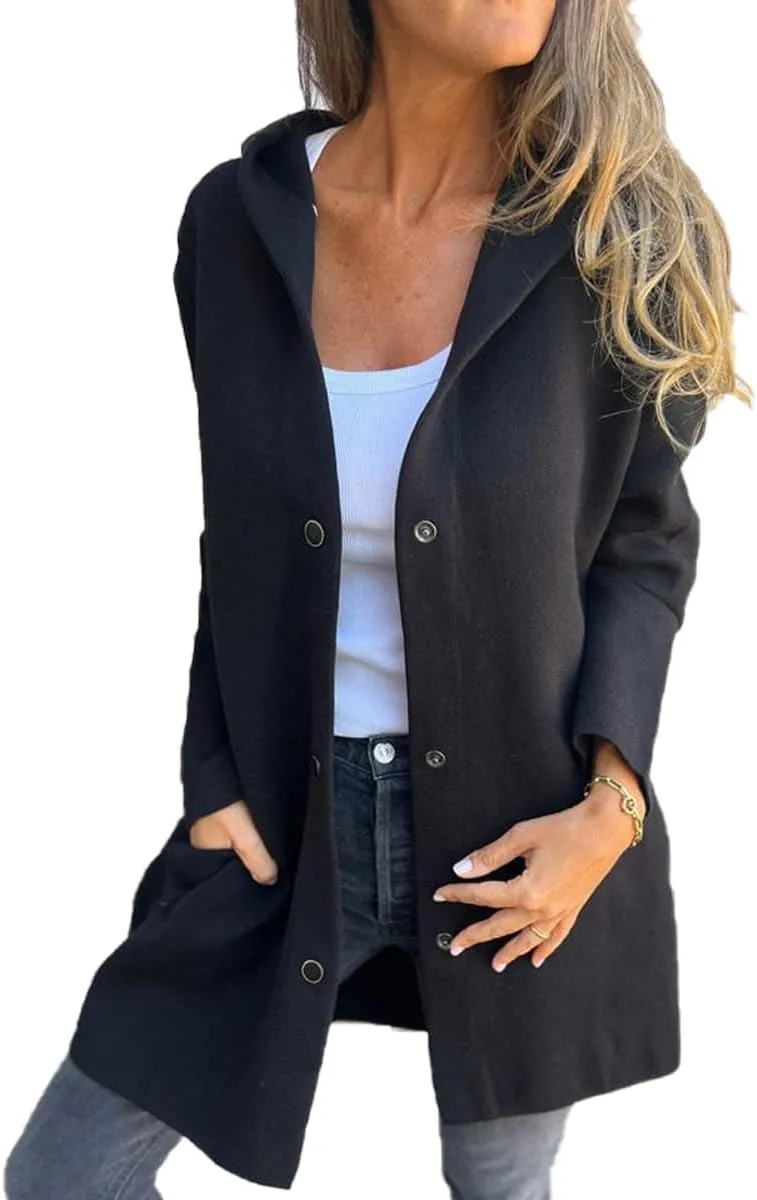 Coat for Women Casual Lapel Single Breasted Jacket Trench Coat Long Sleeve Hooded Cardigan Sweater Fall Outfits Pocket