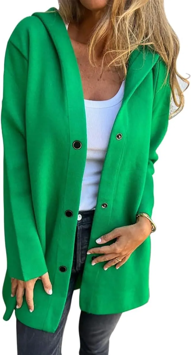 Coat for Women Casual Lapel Single Breasted Jacket Trench Coat Long Sleeve Hooded Cardigan Sweater Fall Outfits Pocket