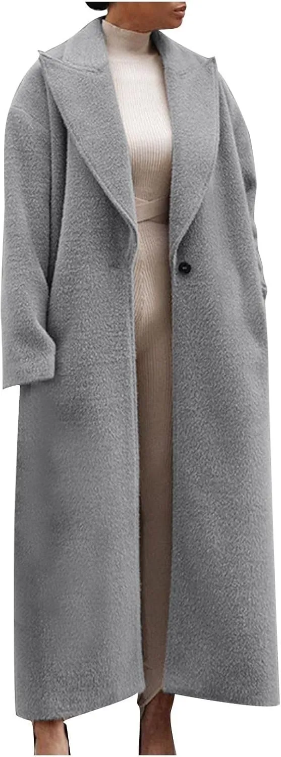 Coat for Women, Long Winter Trench Coats Elegant Solid Jackets Single-breasted Overcoat Casual Warm Outerwear