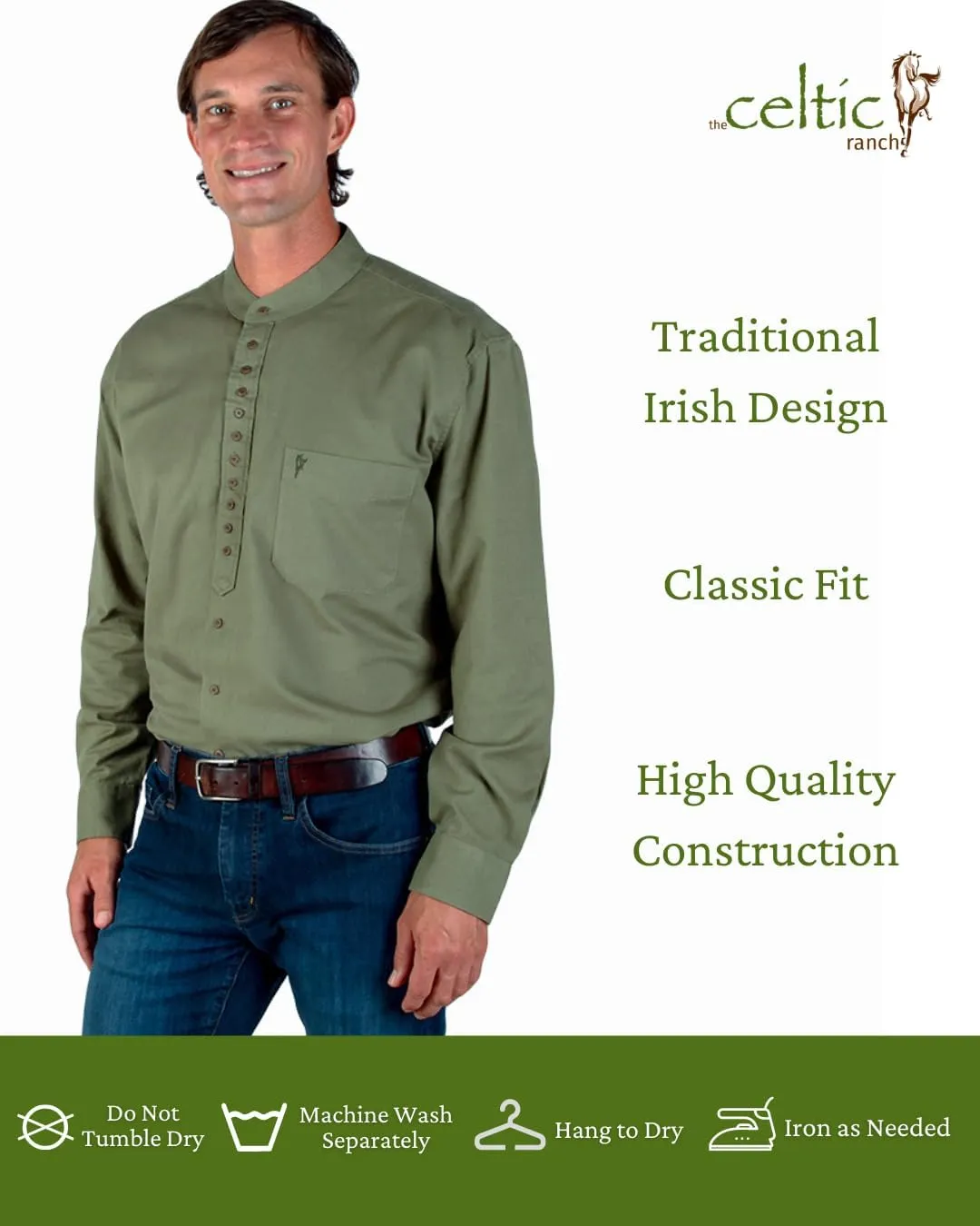 Collarless Shirt for Men, Irish Grandfather Cotton Linen Long Sleeve Button Down Banded Collar Dress Shirt