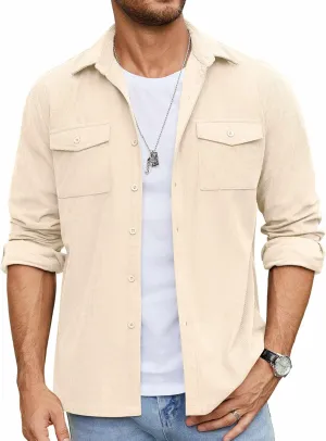 COOFANDY Men's Button Down Waffle Shirt Jacket Casual Long Sleeve Shacket Lightweight Overshirts with Flap Pockets